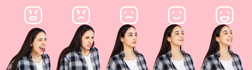 Evolution of emotions. Caucasian young woman's portrait on pink studio background. Concept of human emotions, facial expression, youth, sales, ad.