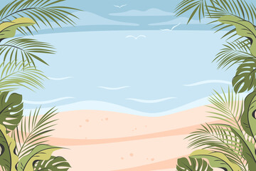 Fototapeta na wymiar Tropical Beautiful Beach. Frame template for banners with different leaves palm against the background of the ocean or sea . Travelling, summer vacation concept, tourism. Vector illustration
