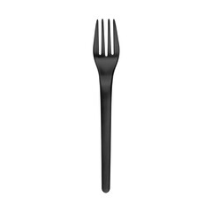 Plastic fork on white background isolated closeup, disposable plastic tableware, one-off black plastic fork, kitchen utensil, cutlery for breakfast, lunch, dinner, supper