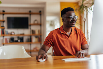 Adult black man, having a conversation with his friend, online.