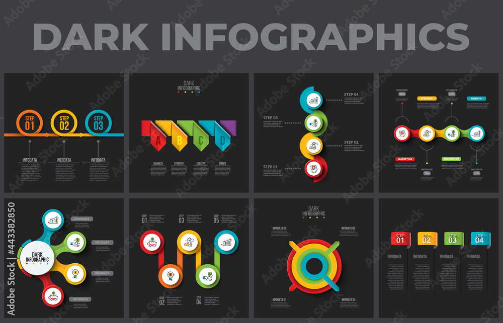 Poster collection of dark infographic presentation slides. vector illustration for business analysis. circl