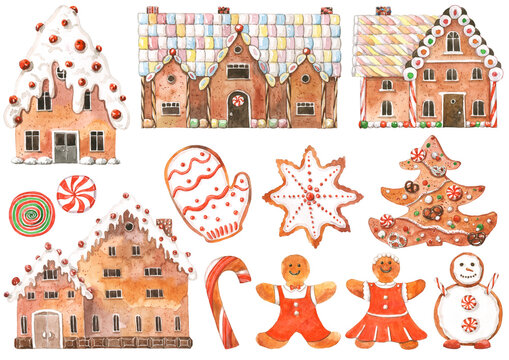 Watercolor set of the ginger bread cookies, houses, snowmen, Christmas tree, snowflake and more.