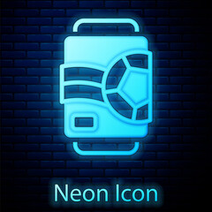 Glowing neon Beer can icon isolated on brick wall background. Vector