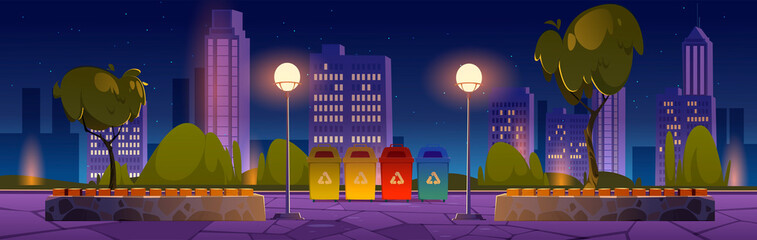 City park with recycle trash bins for separate garbage, wooden benches and town buildings on skyline. Vector cartoon night landscape of public garden with containers for sorting waste © klyaksun