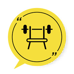 Black Bench with barbell icon isolated on white background. Gym equipment. Bodybuilding, powerlifting, fitness concept. Yellow speech bubble symbol. Vector