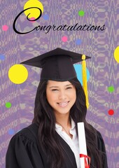 Caucasian girl wearing graduation hat and ceremony robe against colorful dots on purple background