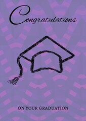 Obraz na płótnie Canvas Graduation congratulation text and graduation cap against wavy lines on purple background