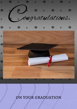 Graduation congratulation text and graduation cap and degree against design on grey background