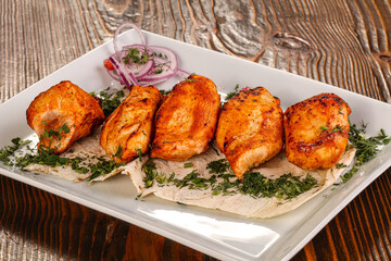 Chicken breast kebab shashlik served salad