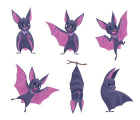 Bat. Night wild flying scary animals mouse vampire funny cute mammals with wings exact vector illustration set