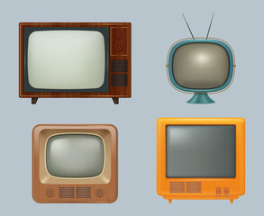Retro tv collection. Realistic electronic household 80s tv set for watching entertainment media news and broadcasts movies decent vector illustrations