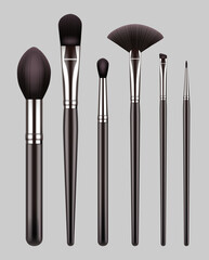 Makeup brushes. Professional tools for beauty woman makeup powder eyeshadows decent vector realistic collection set of brushes