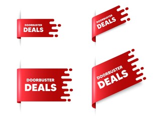 Doorbuster deals text. Red ribbon tag banners set. Special offer price sign. Advertising discounts symbol. Doorbuster deals sticker ribbon badge banner. Red sale label. Vector