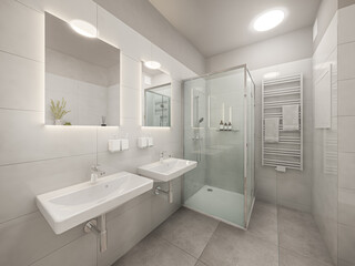 Fototapeta na wymiar modern white tiles bathroom interior with shower