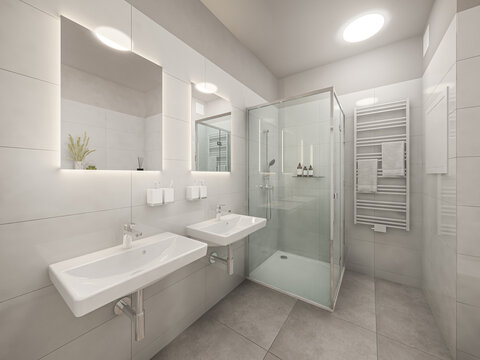 modern white tiles bathroom interior with shower