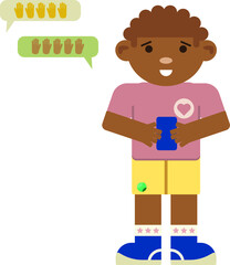 Correspondence on the phone. Chatting. Drawn characters with a photo camera. Flat design.