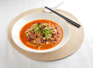 stir fried mapo tofu bean curd in spicy mala chilli sauce in white plate asian halal menu
