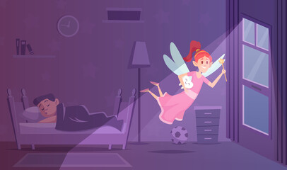 Tooth fairy. Fantasy background with little princess fantasy character little girl with wings exact vector cartoon illustration