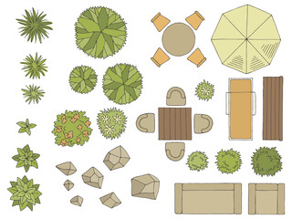 Landscape architect design element set graphic color top sketch aerial view isolated illustration vector 