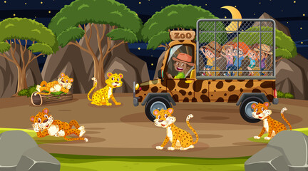 Safari at night scene with children watching leopard