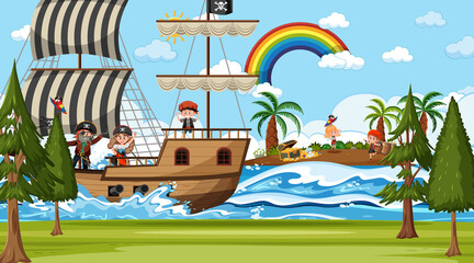 Treasure Island scene at daytime with Pirate kids on the ship