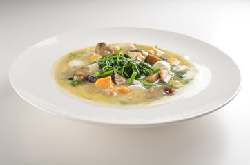 stir fried water spinach vegetable with trio eggs in thick gravy sauce in white plate asian halal menu