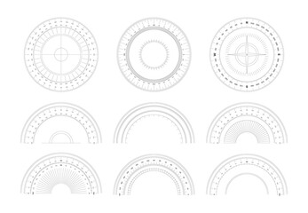 Protractor. 360 degree measurement shapes with numbers and symbols circular shapes of scale goniometer garish vector templates set - obrazy, fototapety, plakaty