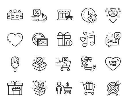 Vector set of Shopping cart, Love you and Delivery discount line icons set. Archery, Puzzle time and Discounts bubble icons. Creativity, Love music and Delivery boxes signs. Vector