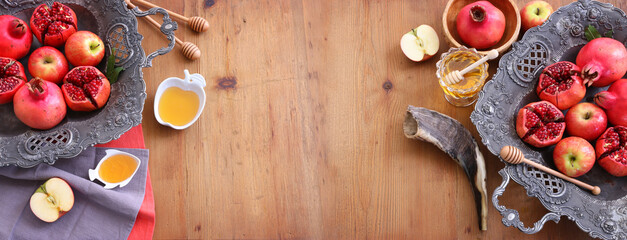 Rosh hashanah (jewish New Year holiday) concept. Traditional symbols