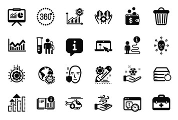 Vector Set of Science icons related to Freezing, Medical helicopter and 360 degrees icons. Employee hand, Project deadline and Coronavirus pandemic signs. Swipe up, Analysis graph and Gear. Vector