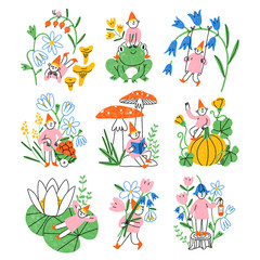 Fototapeta na wymiar Garden gnomes secret life illustrations set