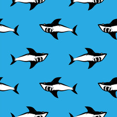 Shark Isolated on Blue Background. Fish Seamless Pattern