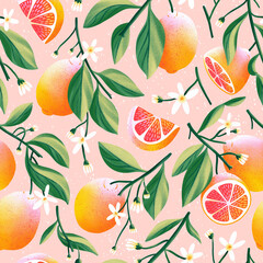 Sunny grapefruits summer pattern illustration - 443387677