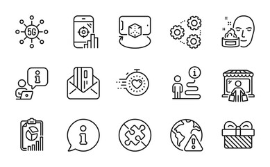 Business icons set. Included icon as No puzzle, Credit card, Report signs. Augmented reality, 5g technology, Internet warning symbols. Face cream, Market buyer, Gears. Gift, Seo phone. Vector