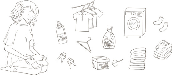 洗濯物をたたむ女性と洗剤などのイラストセット