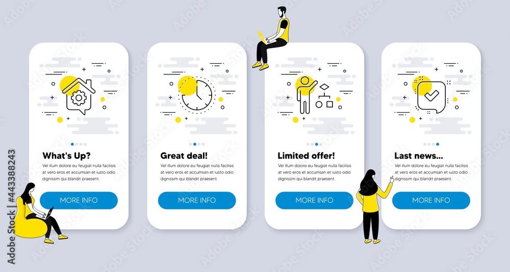 Poster vector set of education icons related to time, algorithm and work home icons. ui phone app screens w