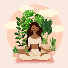 Beautiful African American brunette girl in a lotus pose surrounded by plants. Vector illustration of a meditating woman at home. Harmony and balance. Crossed legs. Girl in the interior.