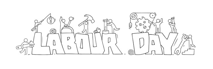 Sketch with words Labour Day and little people.
