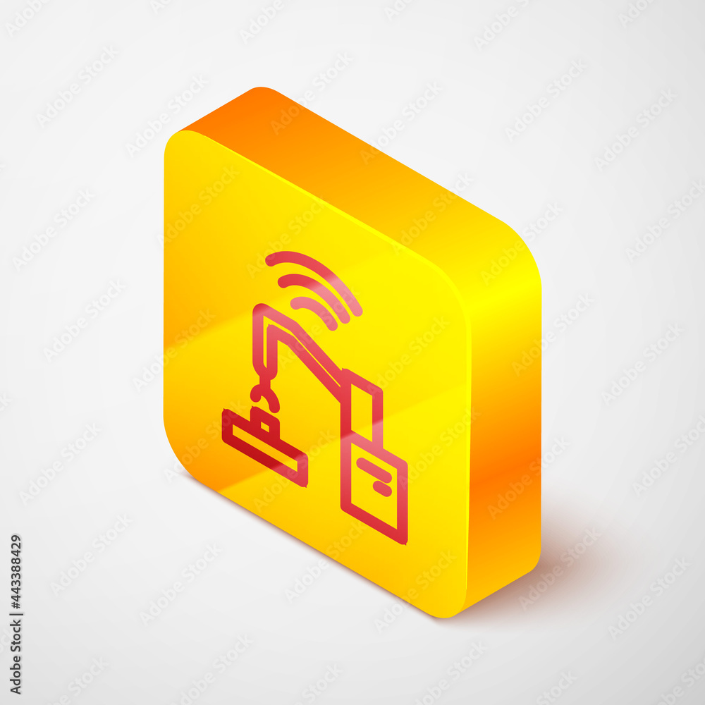 Poster isometric line industrial machine robotic robot arm hand factory icon isolated on grey background. i