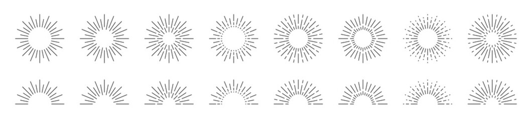 Sunburst line icon set. Isolated sunshine & sunrise signs on white background. Vector illustration. Collection