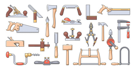 Woodworking tools outline colorful icon set. Vector illustration. Collection