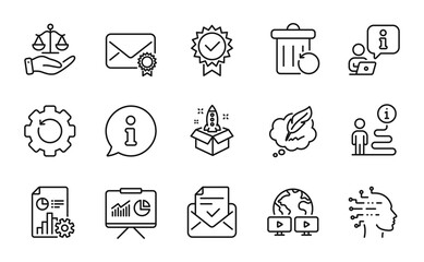 Education icons set. Included icon as Artificial intelligence, Startup, Verified mail signs. Report, Certificate, Copyright chat symbols. Justice scales, Presentation, Recovery gear. Vector