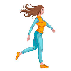 Fototapeta na wymiar A young girl goes in for sports. The woman is running. Cartoon style.