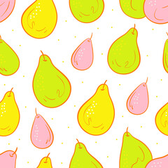 Pear fruit seamless vector pattern for graphic design, textile, art, backgrounds. Pastel pink, yellow, green colors, peas.