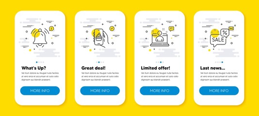 Vector set of Best manager, Notification bell and Food app line icons set. UI phone app screens with line icons. Discounts bubble icon. Best developer, Notice bell, Smartphone cake. Vector