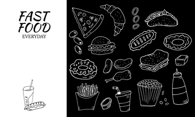 Hand drawn set with fast food. Vector illustration in the style of a sketch. Fast food restaurant and fast food menu.