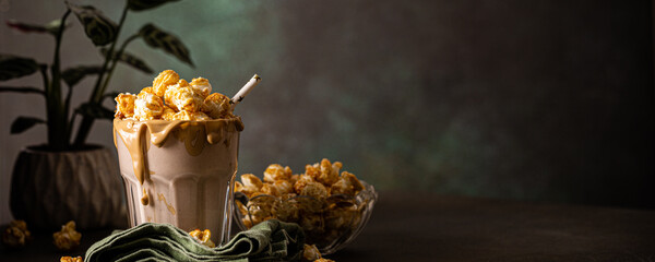 Banner with popcorn milkshake with sea salt caramel and pop corn topping with in glass, dark...