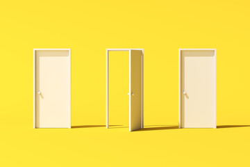 Minimal conceptual scene of three white door on yellow background. 3D rendering. - 443389476