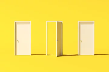 Poster Minimal conceptual scene of three white door on yellow background. 3D rendering. © nuchao