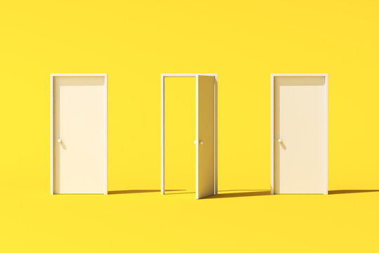 Minimal conceptual scene of three white door on yellow background. 3D rendering.